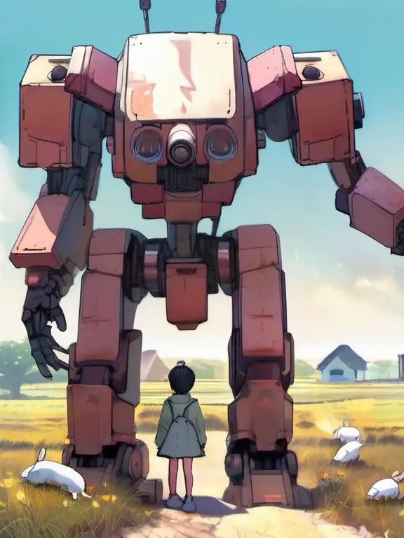 anime artwork giant oversized baby cute battle robot mech with giant rabbit ears s as giant baby on a village, Cinematic focus